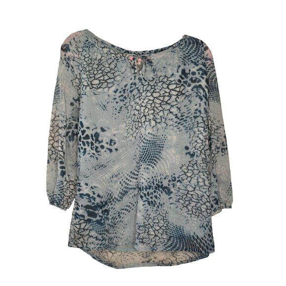 Maheb Tops - Maheb Women's Blue Patterned Sheer Blouse LG Lined Bodice 3/4 Sleeves